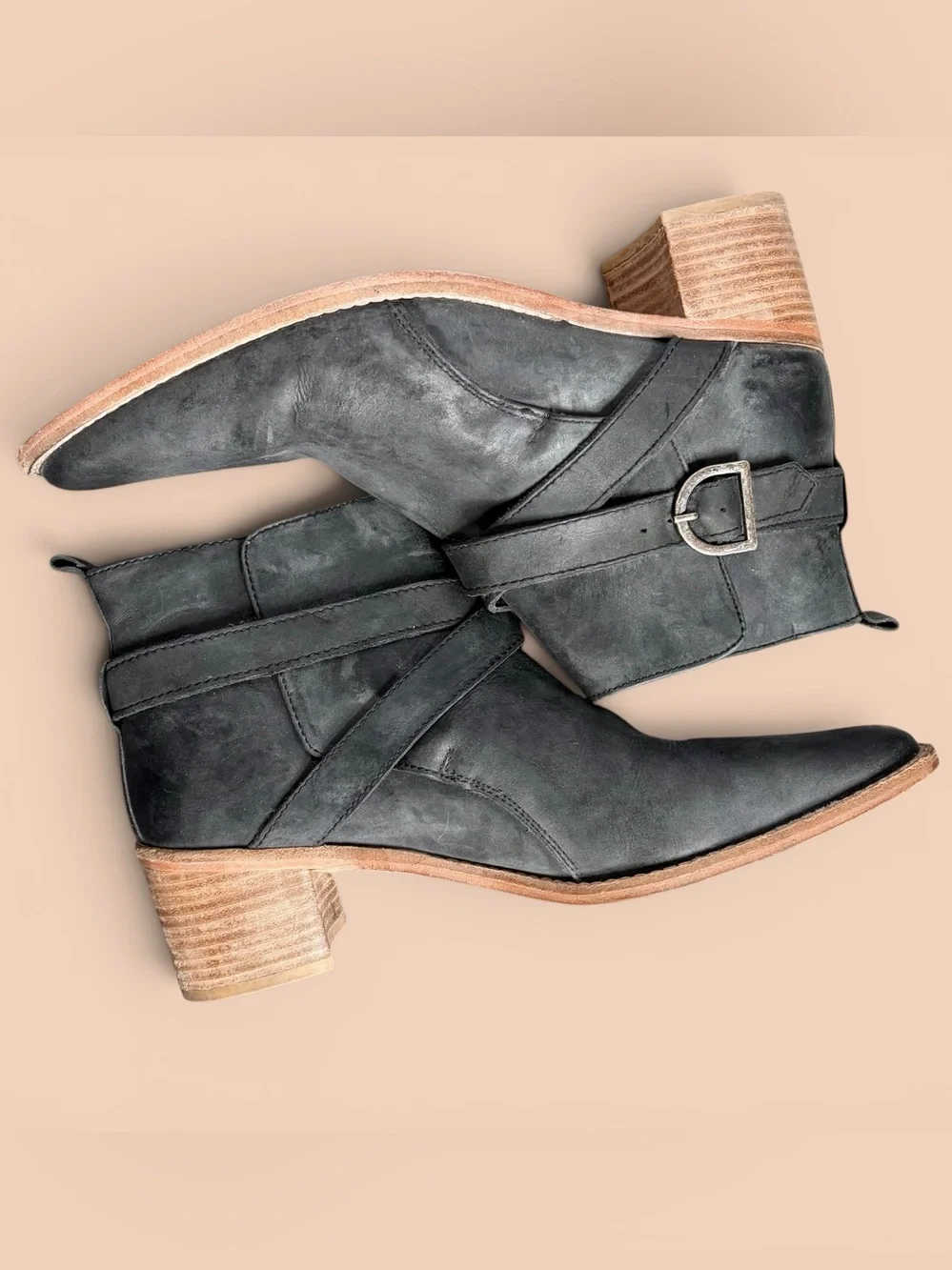 Free People Back Loop Ankle Buckle Boot EU 40 US 10 Washed Black Western